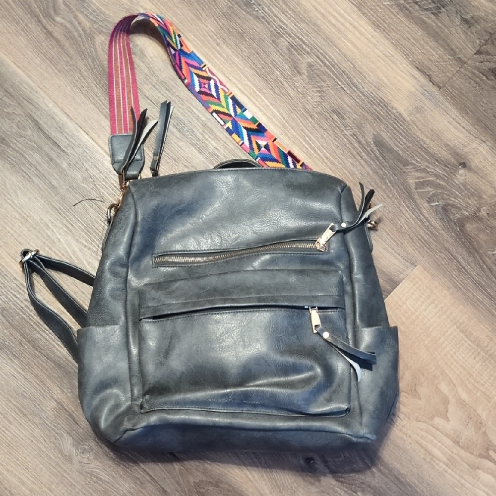 Gray Leather Backpack With Multicolor Strap - image 1
